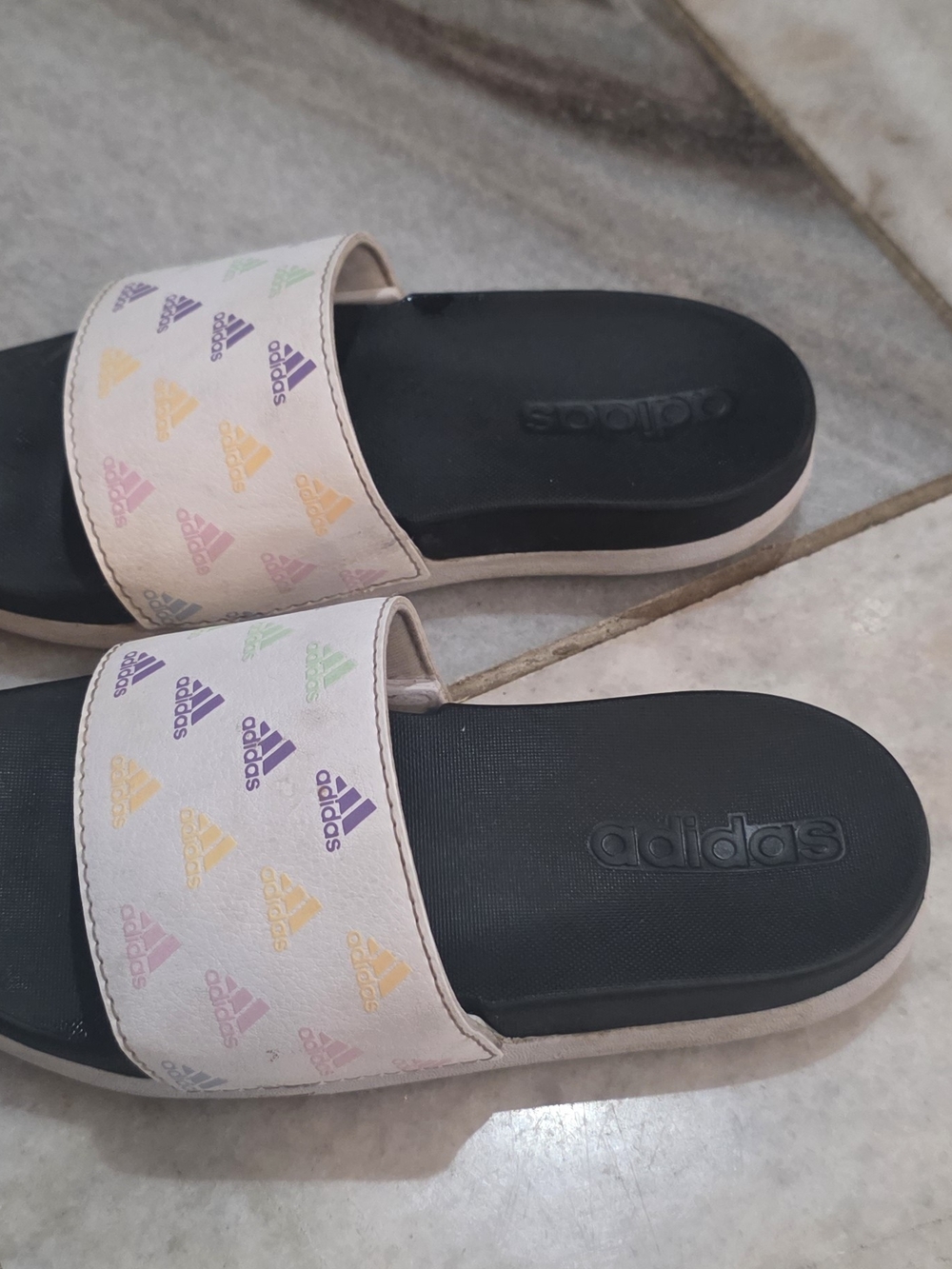 adidas Pink Slide Sandals with Multicolor Logo Print